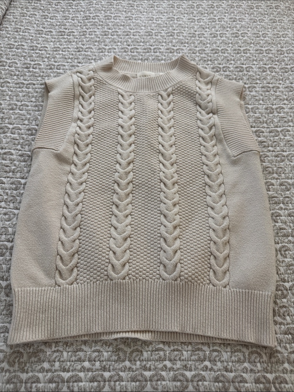 Cyrus Cream Cable-Knit Sleeveless Crew Sweater